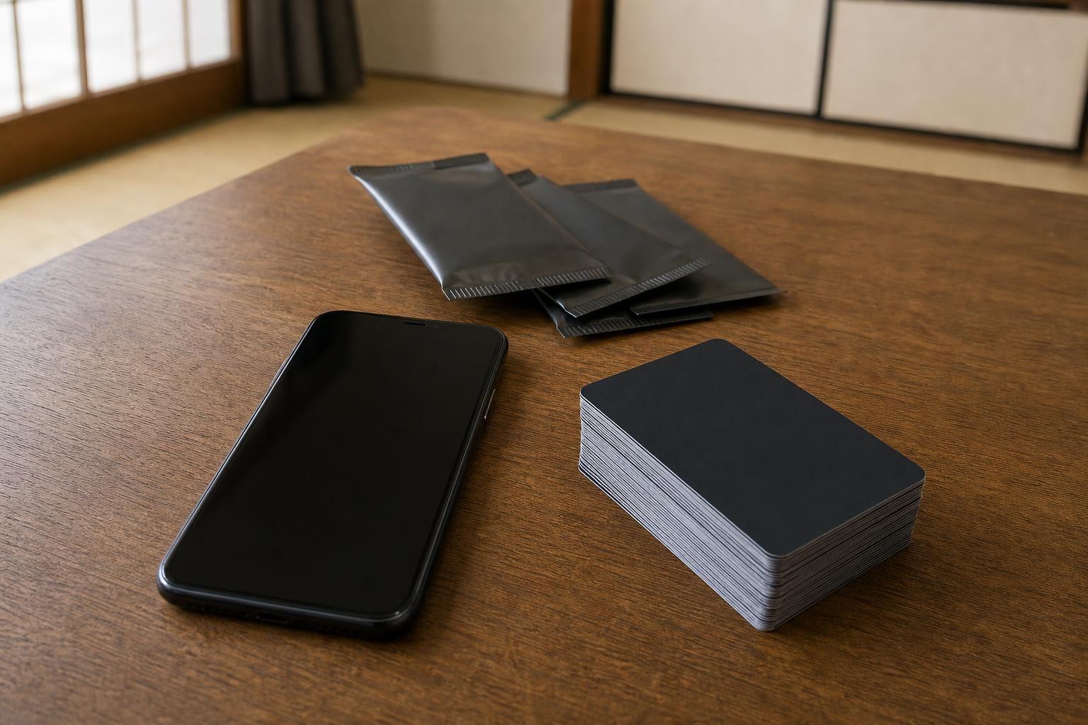木のテーブルの上に置かれたスマートフォンと、裏向きのトレーディングカードの束