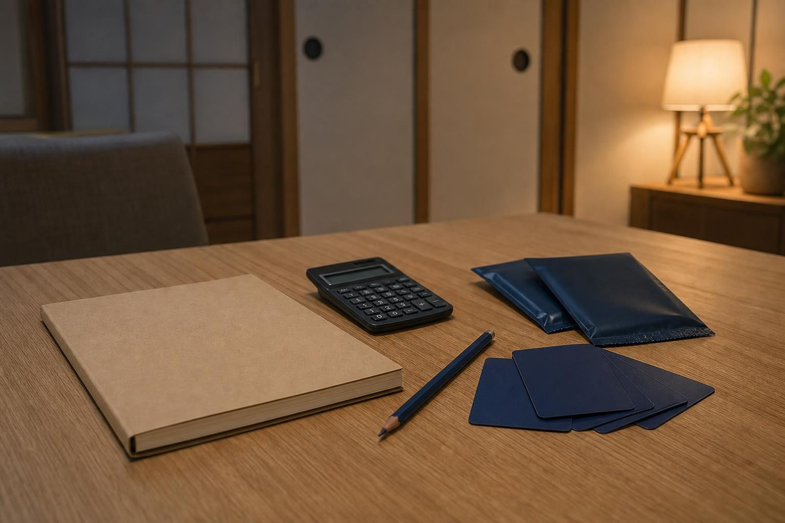 机の上の家計簿のノートと電卓、裏向きのトレーディングカード