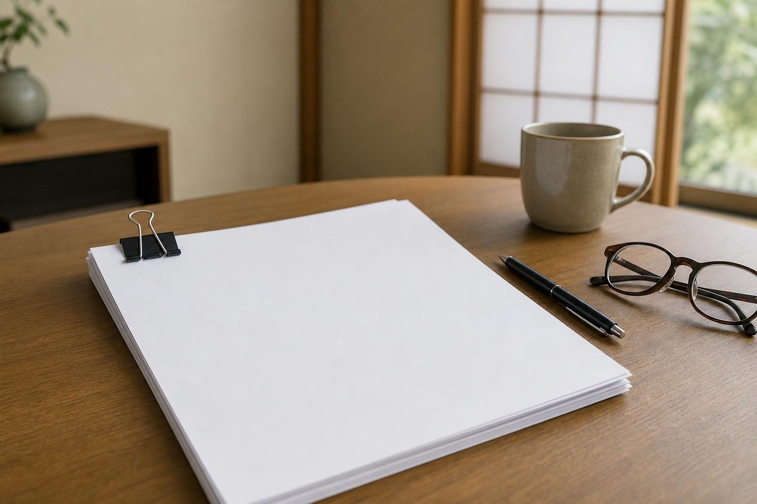 机の上に置かれた白紙の書類の束とクリップ、そばにペンと眼鏡