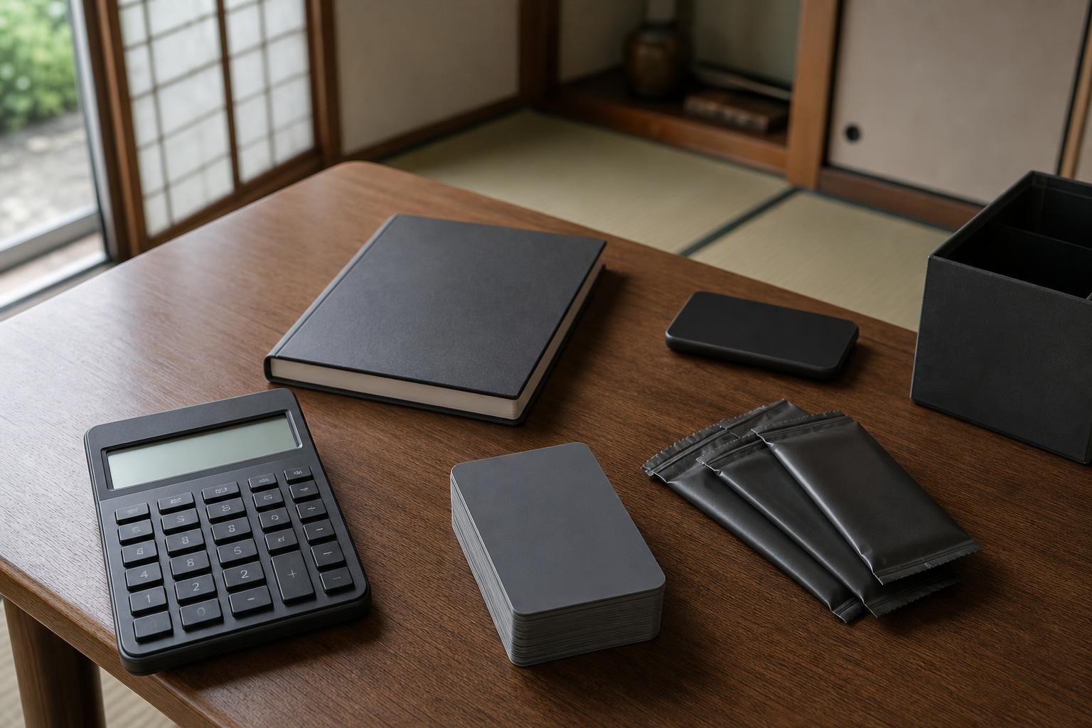 机の上に置かれた電卓とノート、そばに裏向きのトレーディングカードの束