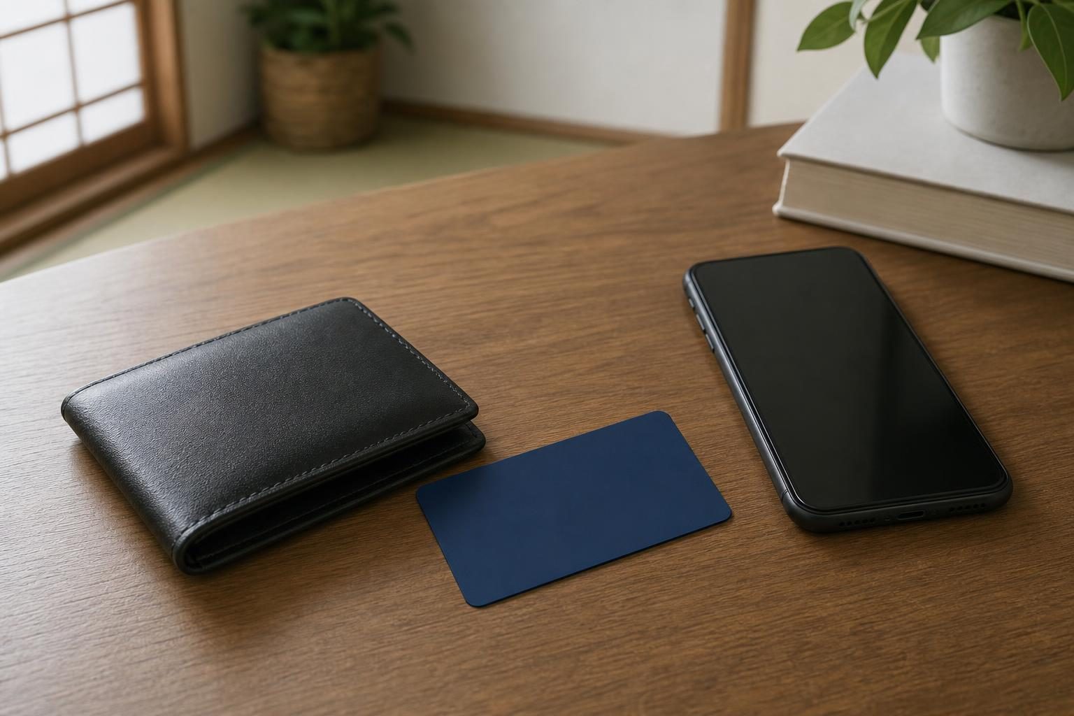 テーブルの上に置かれた、番号やロゴのない無地の決済カードと小さな財布、そばにスマートフォン(画面は暗い)