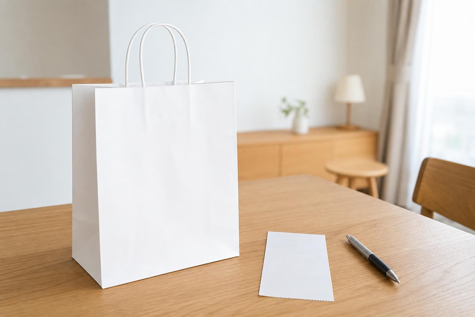 コンビニのレジ袋を思わせる白い紙袋と、机の上のレシート(白紙)とペン