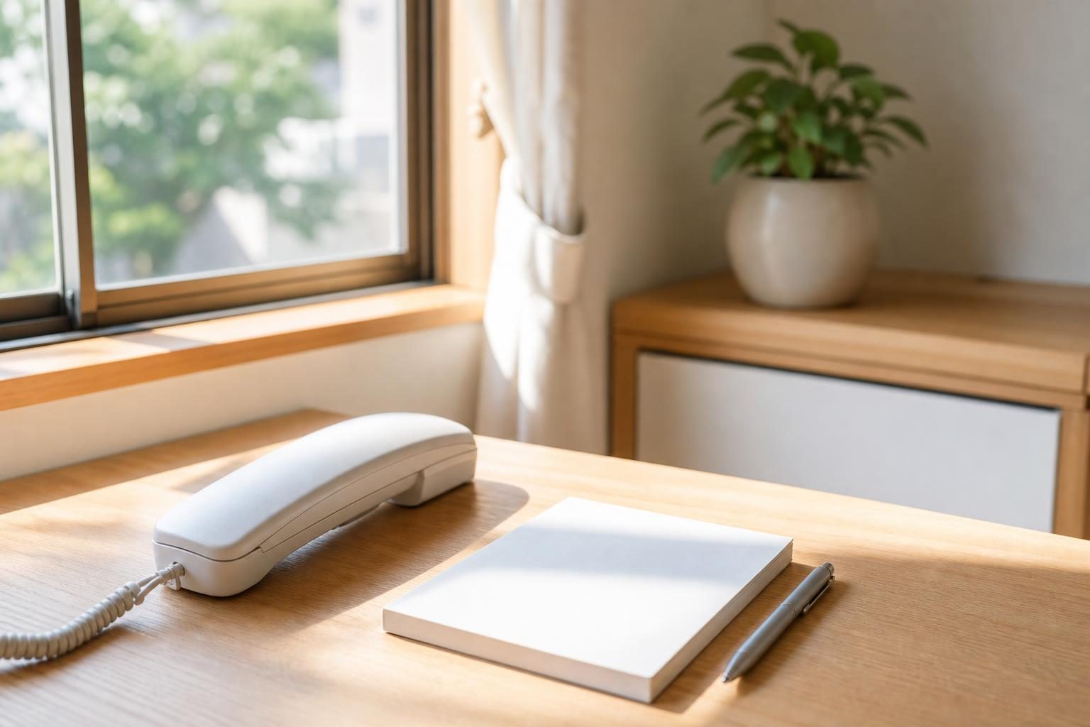 窓辺の机に置かれた電話の受話器とメモ帳